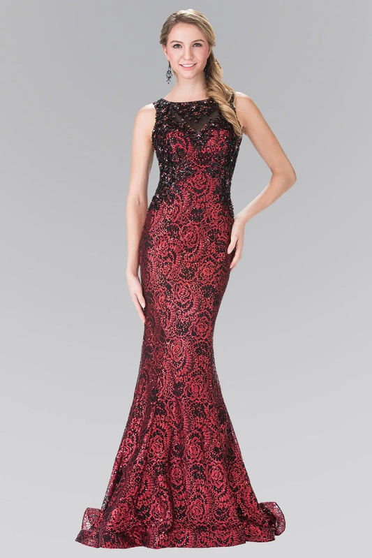Rear view reveals red sequins floral formal dress.