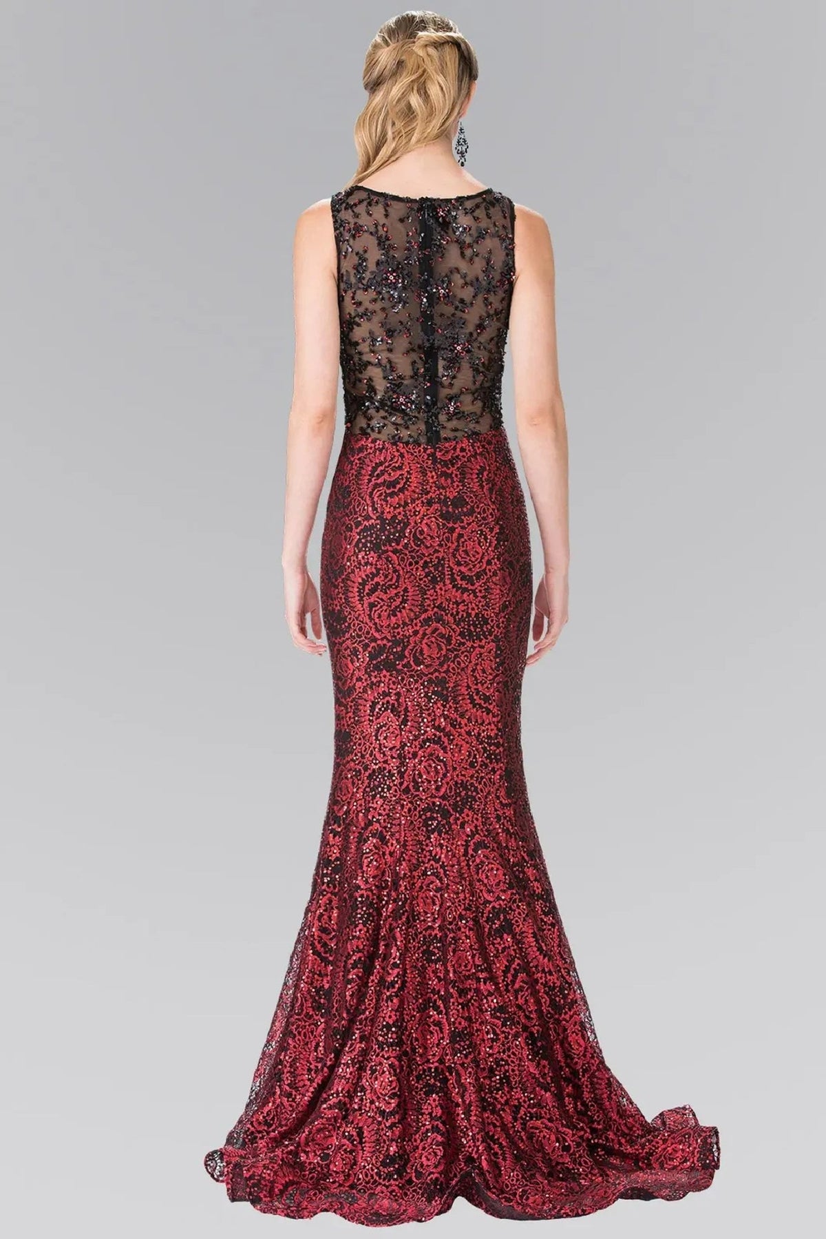 Red sequins floral formal dress side detail