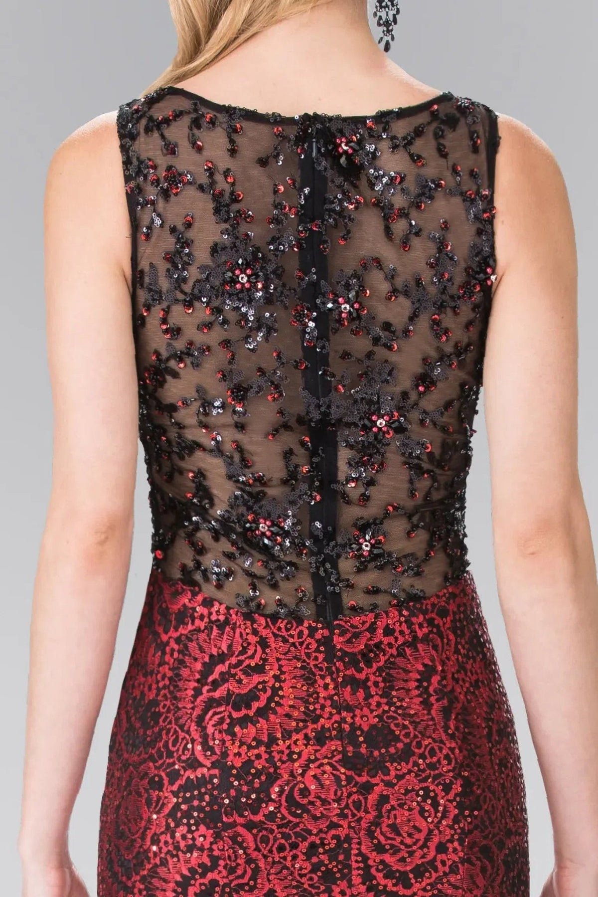 Red sequins floral formal dress back bodice detail