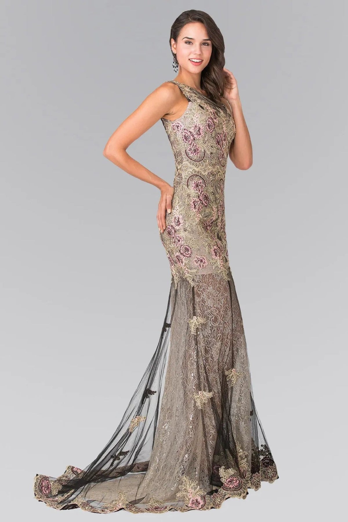 Black beading embroidery floral formal dress full back view