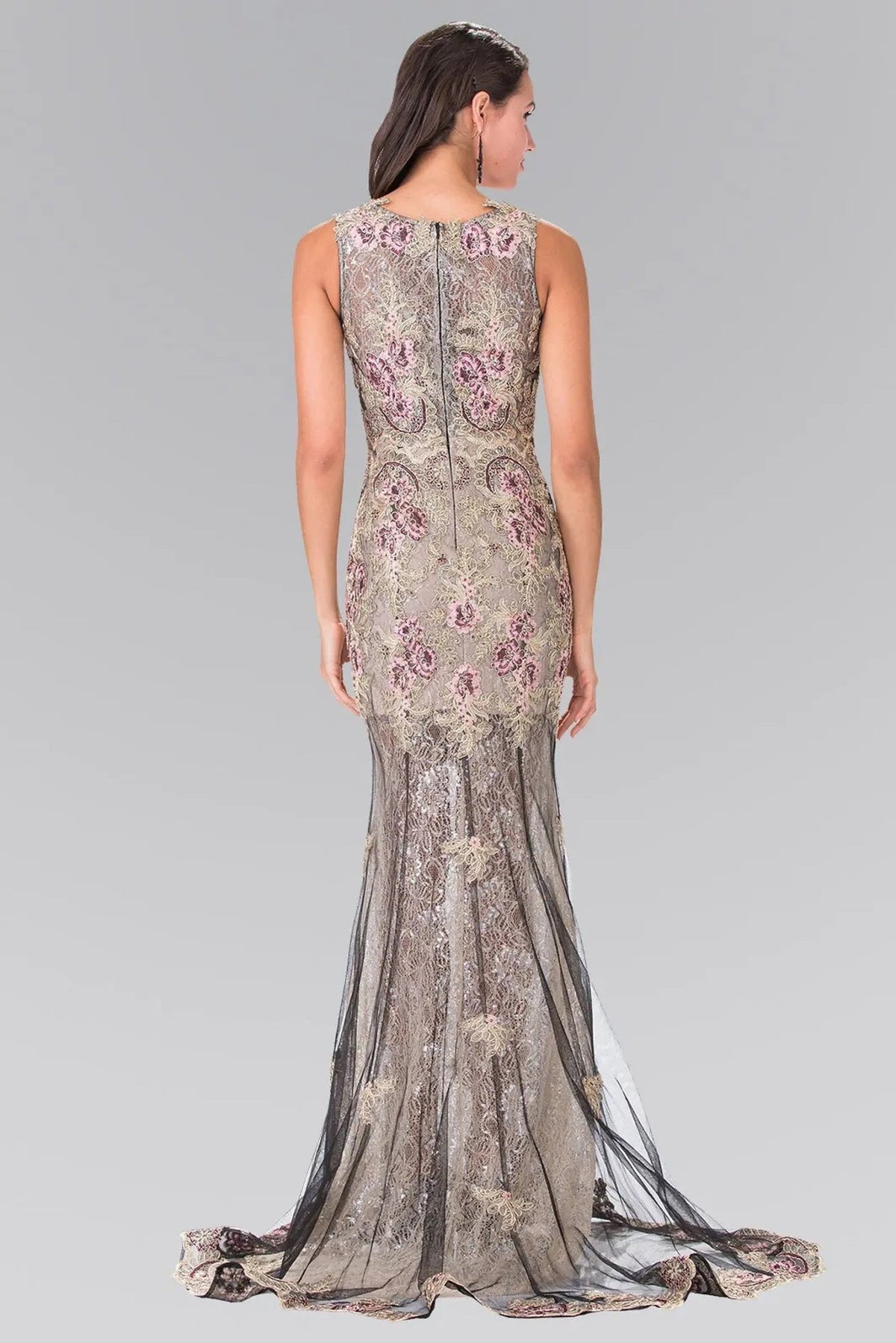Black beading embroidery floral formal dress side detail
