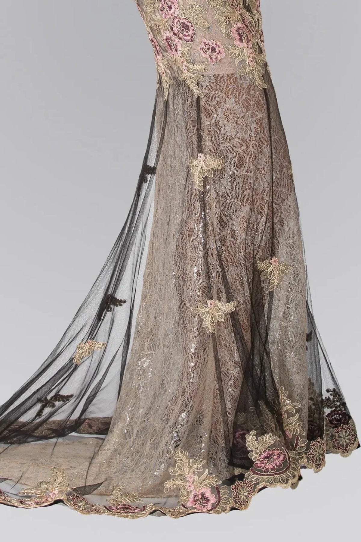 Black beading embroidery floral formal dress skirt detail