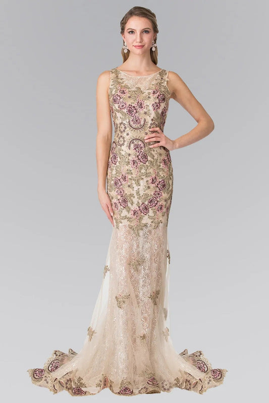 Bodice close-up highlights champagne beading embroidery floral formal dress.