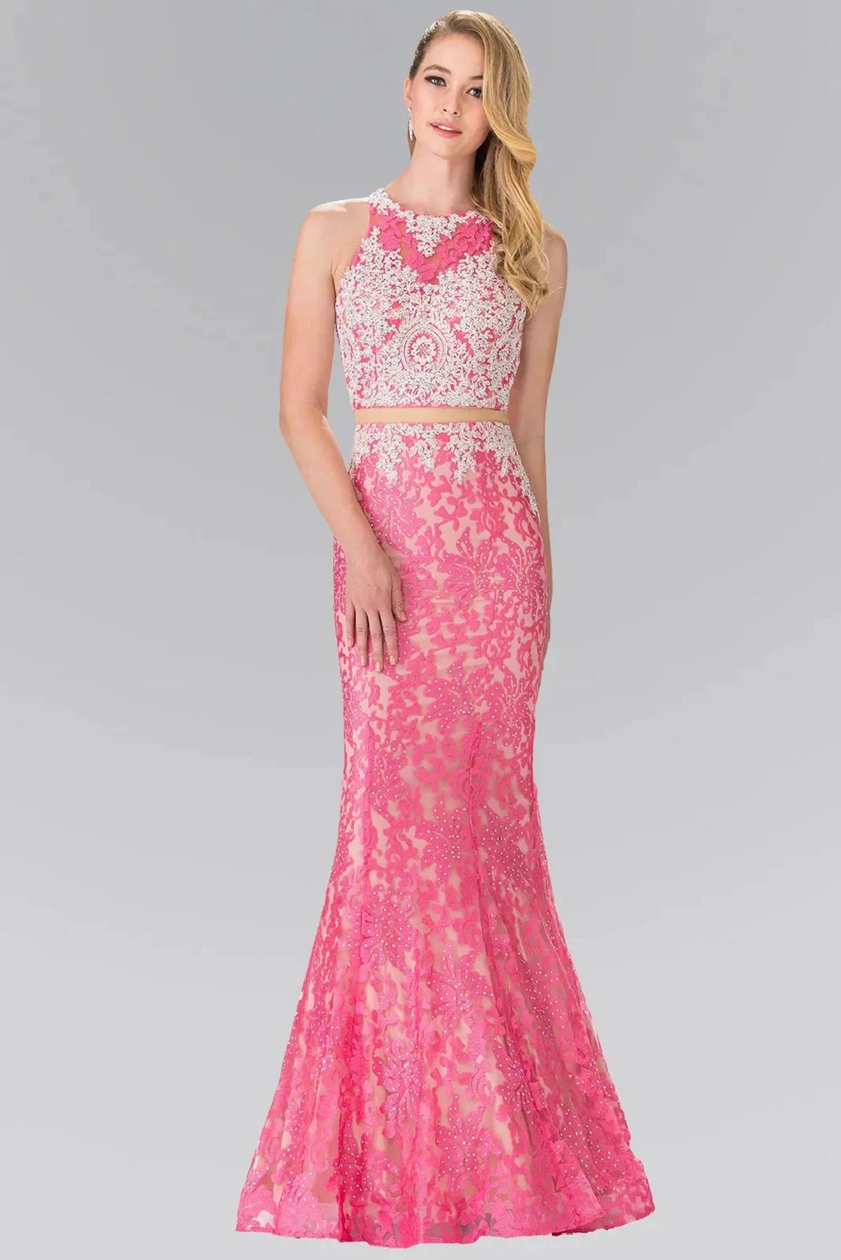Pink beaded prom evening dress full front
