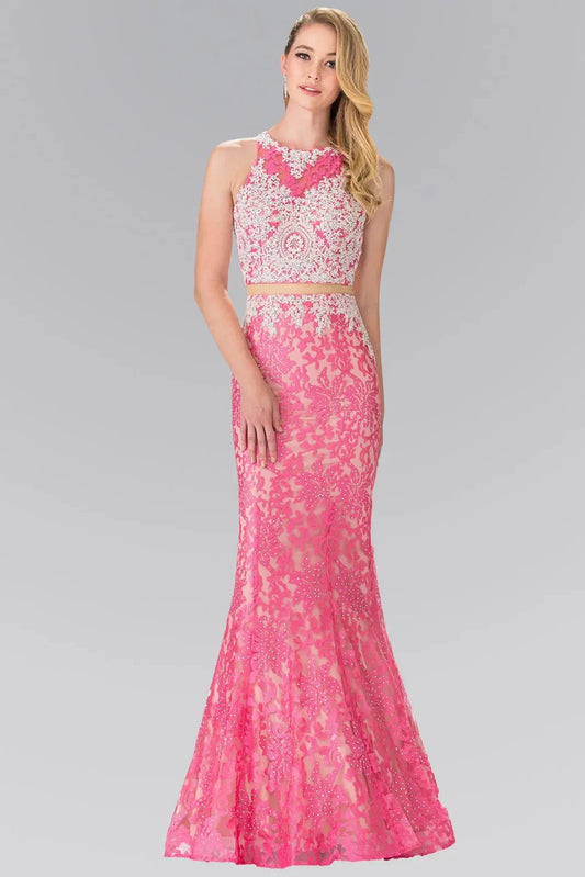 Full-length front view shows beaded styling on the Pink prom evening dress.