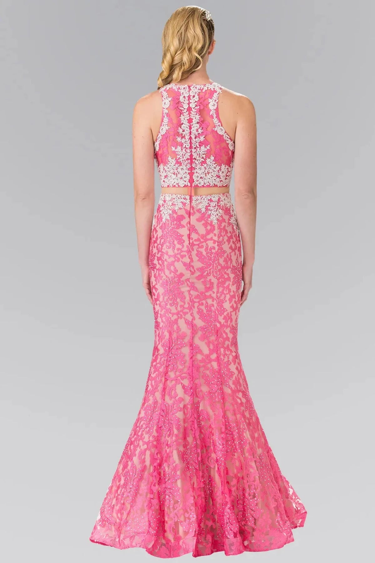Pink prom evening dress full back with sheer back