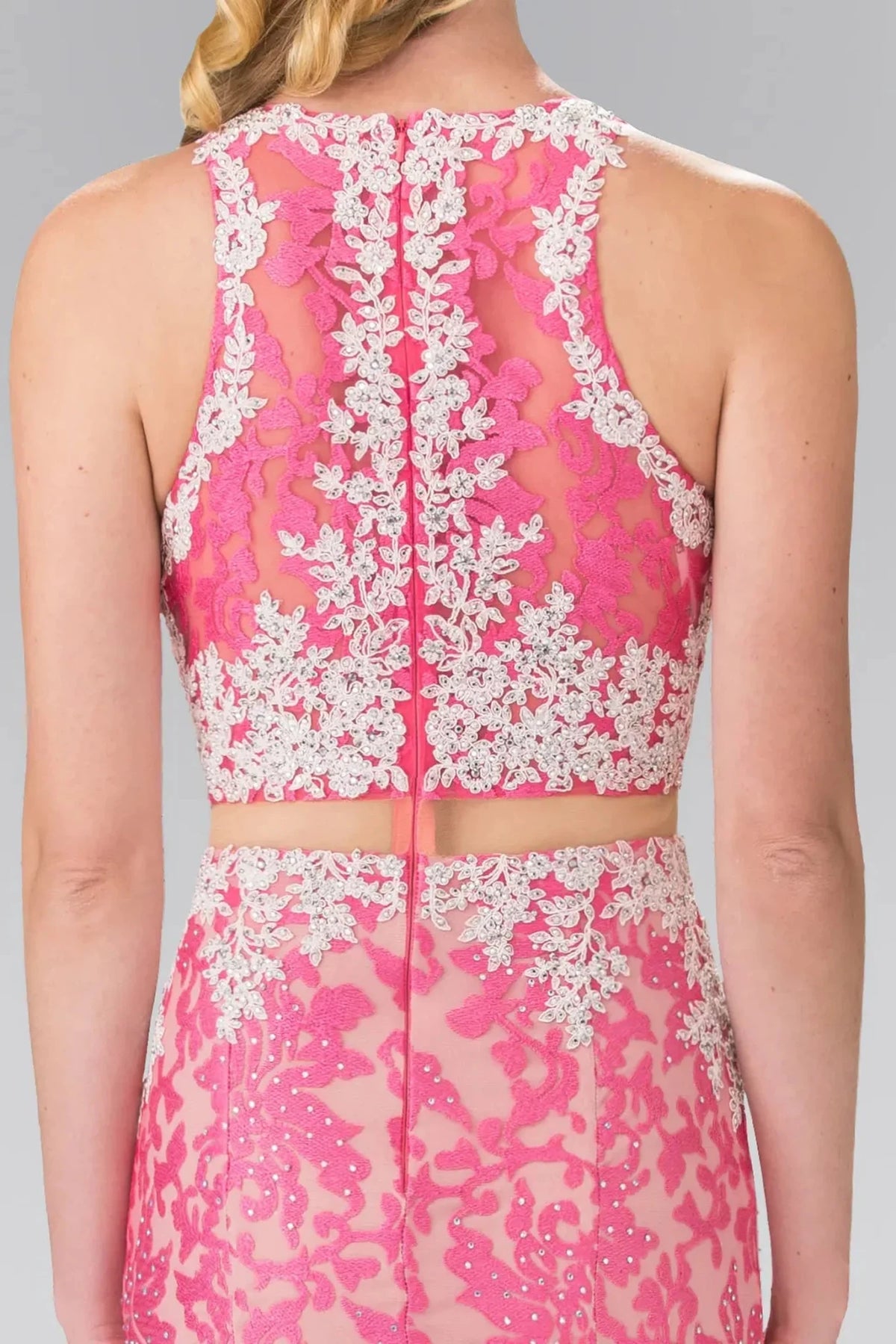 Pink prom evening dress mock two-piece skirt detail