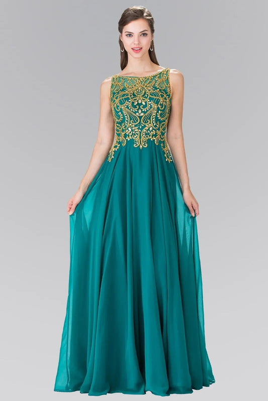 Bodice close-up highlights green beading sequins formal dress.