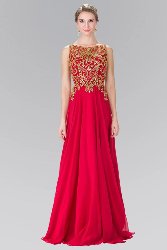 Detailed view highlights red beading sequins formal dress detail.