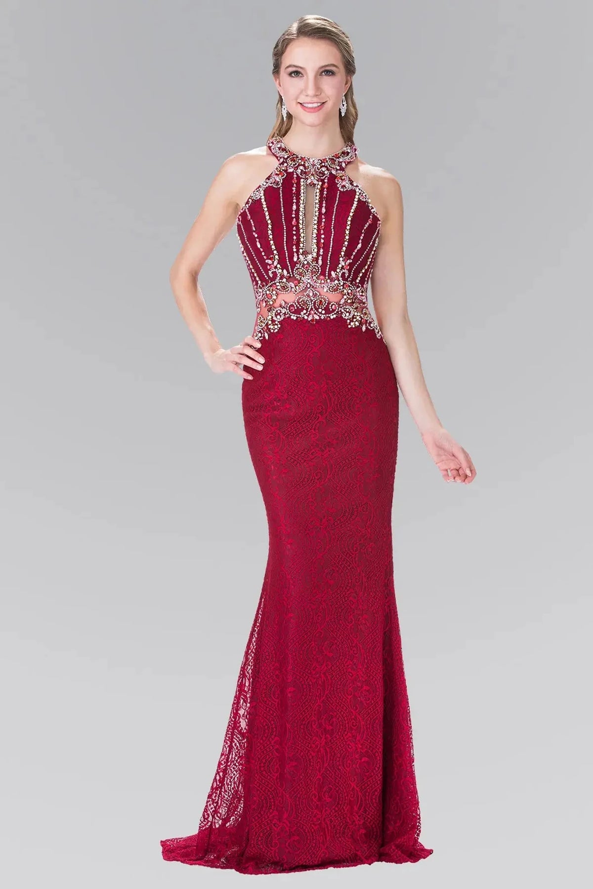 Burgundy sequin halter prom evening dress full front