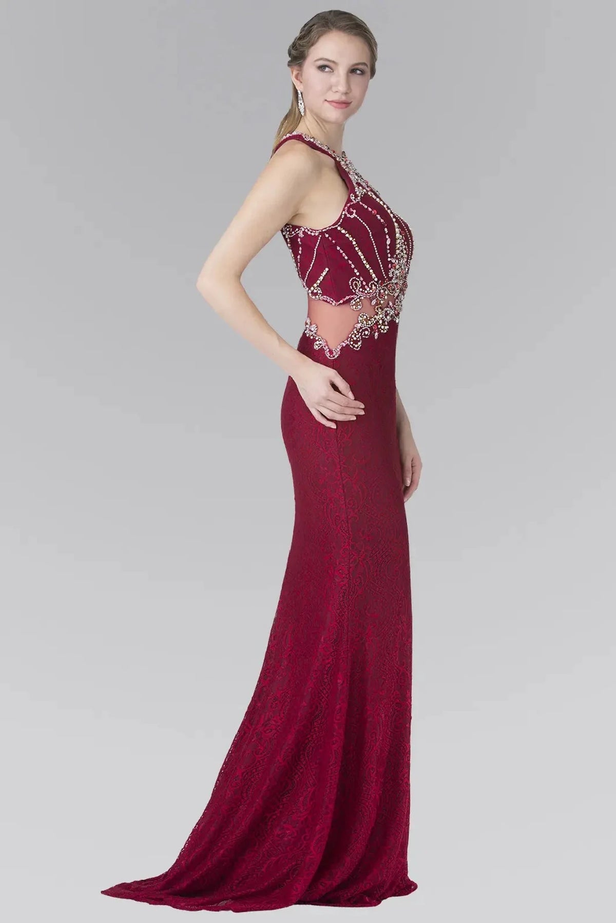 Burgundy prom evening dress full back with back detail