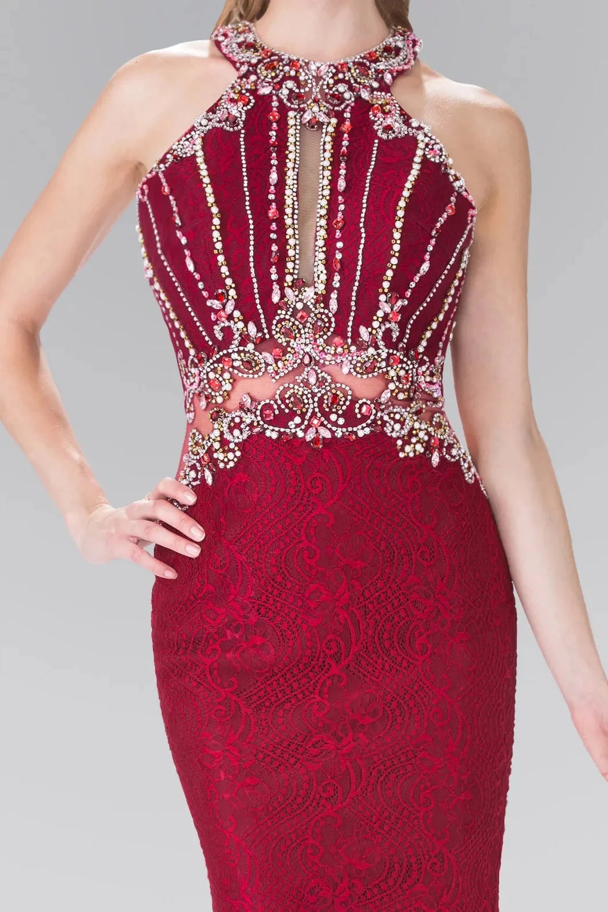Burgundy halter prom evening dress upper front with beads, jewel, sequin