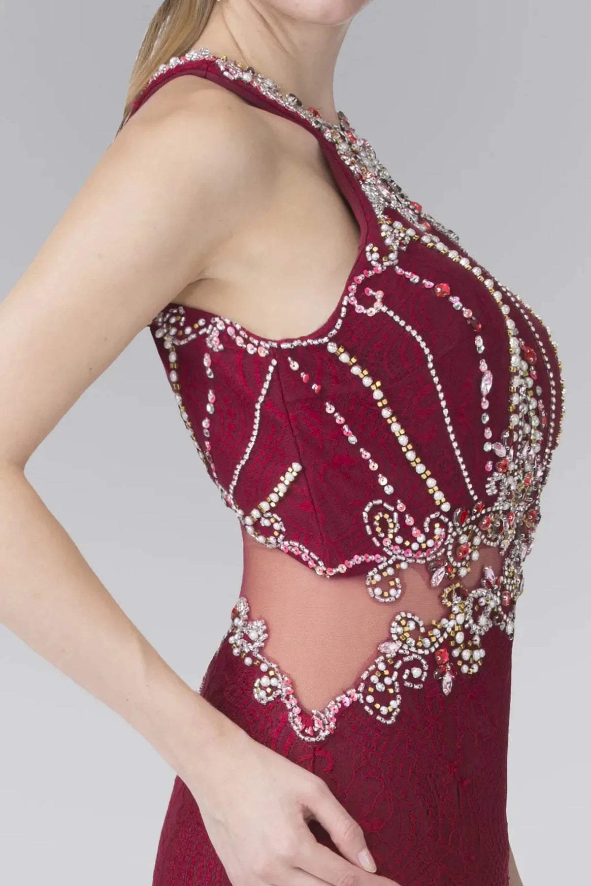 Burgundy prom evening dress mermaid skirt detail
