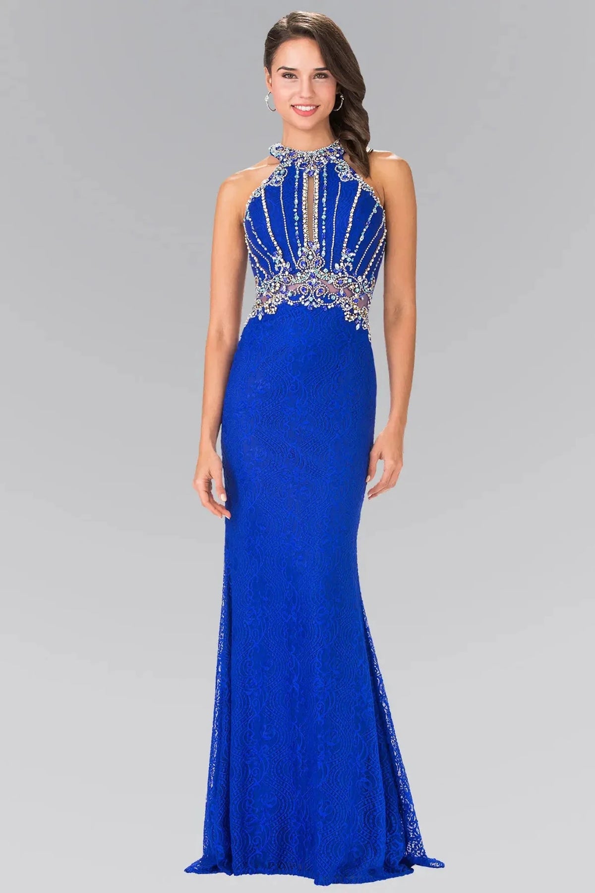 Royal Blue sequin halter prom evening dress full front