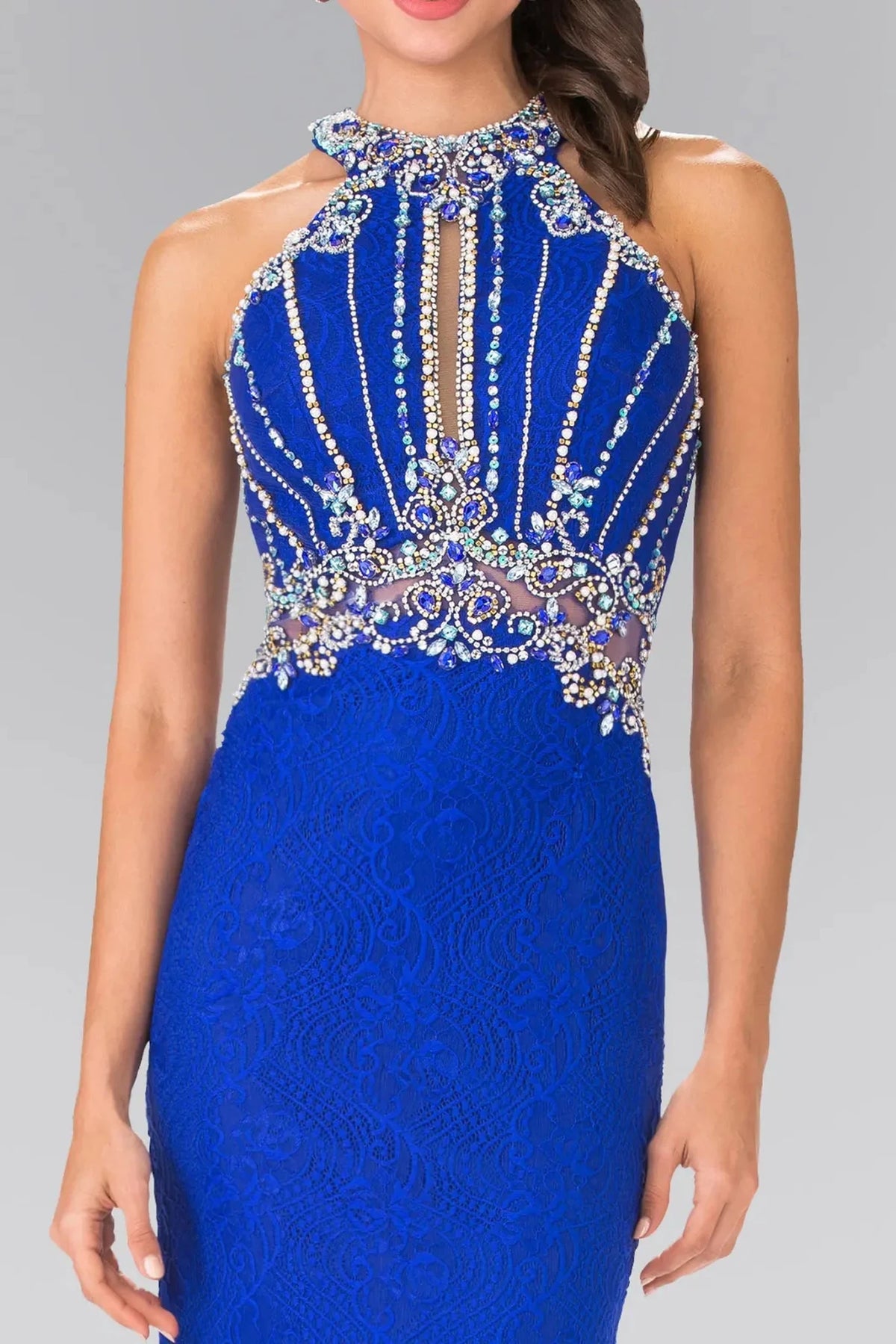 Royal Blue halter prom evening dress upper front with beads, jewel, sequin
