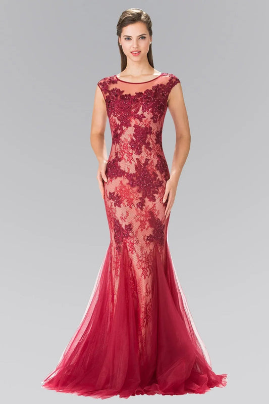 Bodice close-up highlights burgundy beading embroidery floral formal dress.