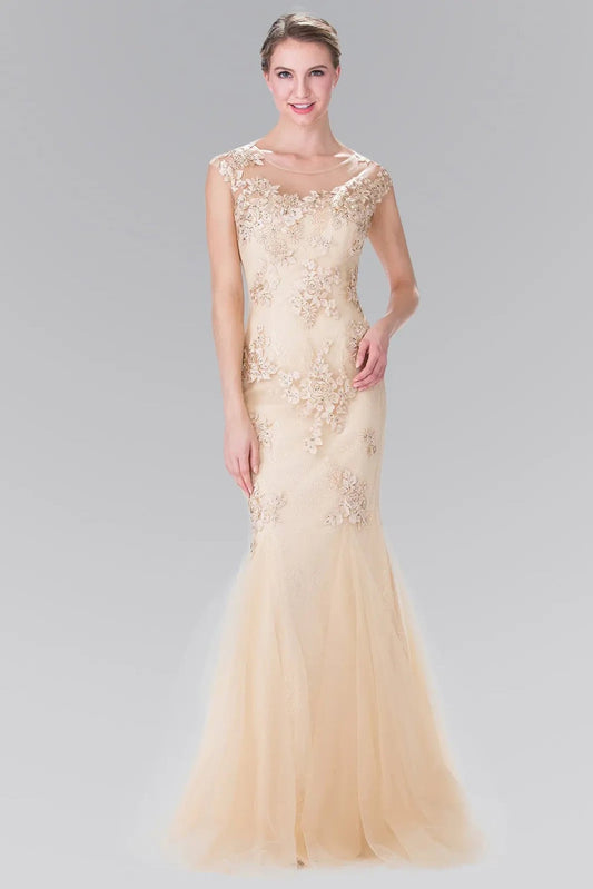 Detailed view highlights champagne beading embroidery floral formal dress detail.