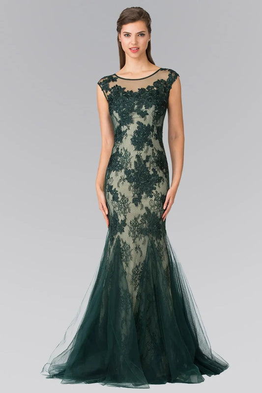 Full-length view highlights green beading embroidery floral formal dress.
