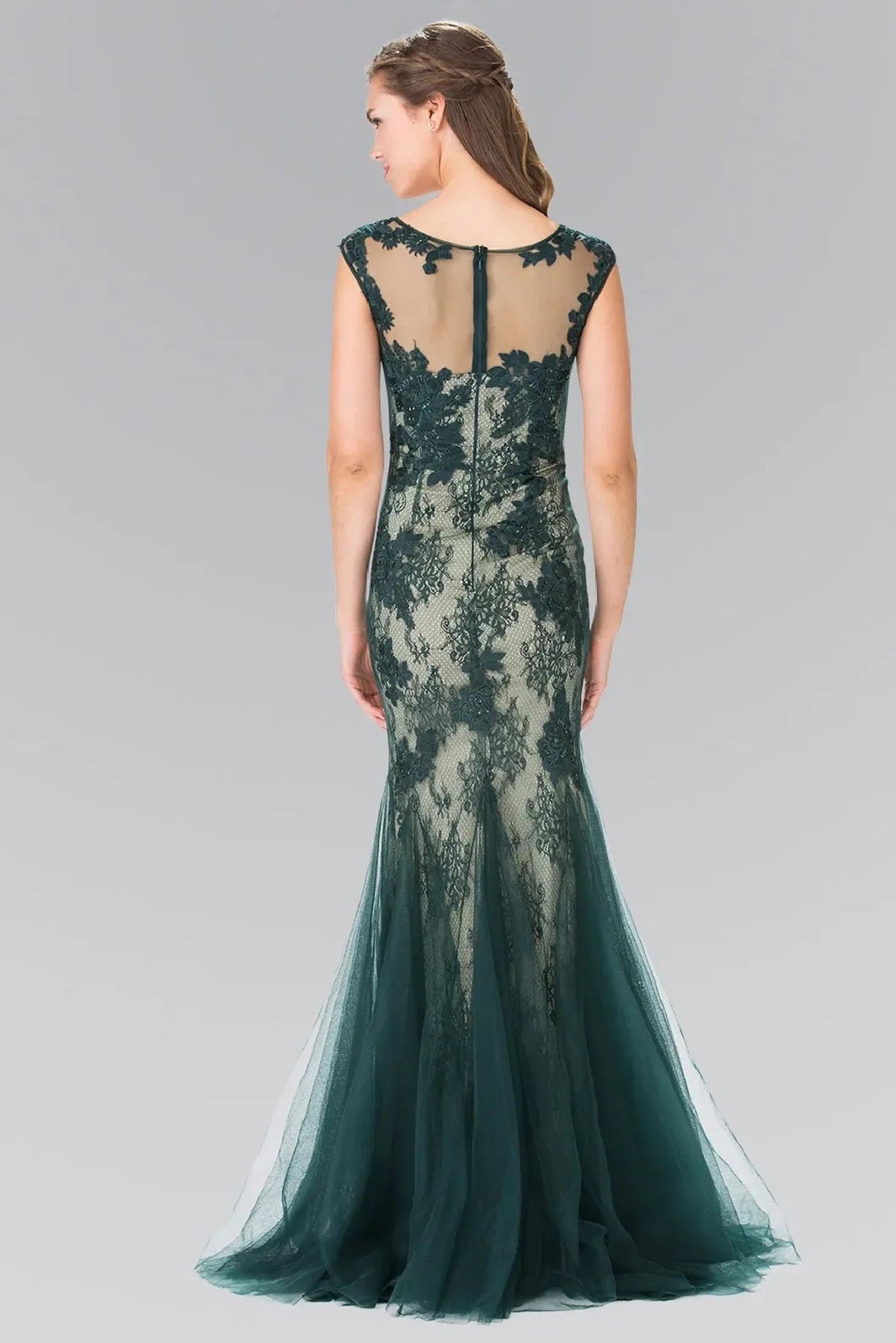 Green beading embroidery floral formal dress detail