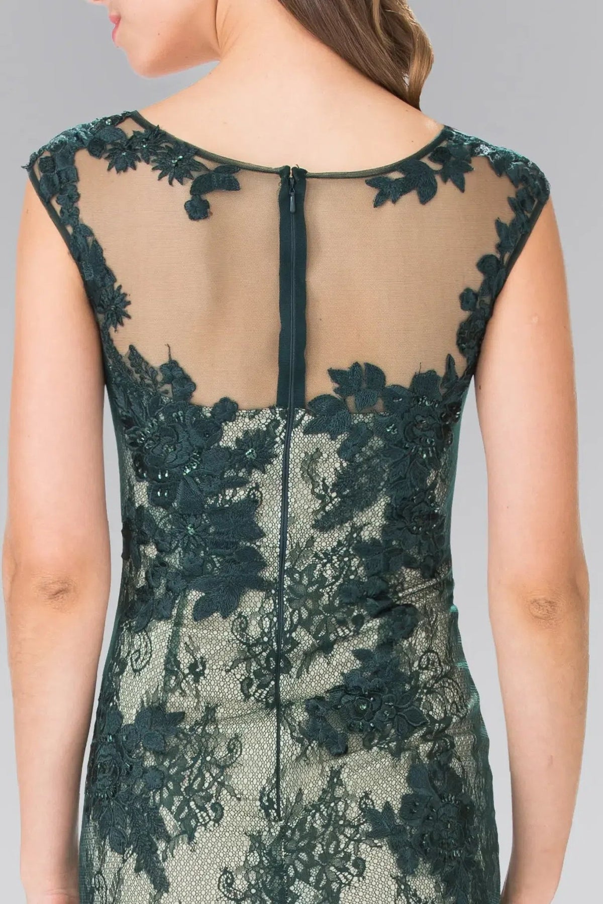 Green beading embroidery floral formal dress back bodice detail