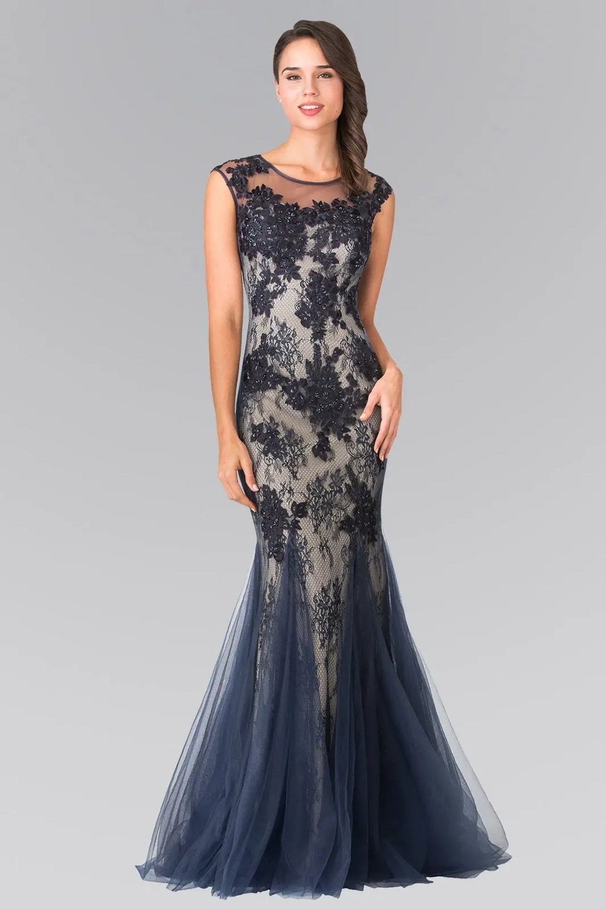 Navy beading embroidery floral formal dress full back view