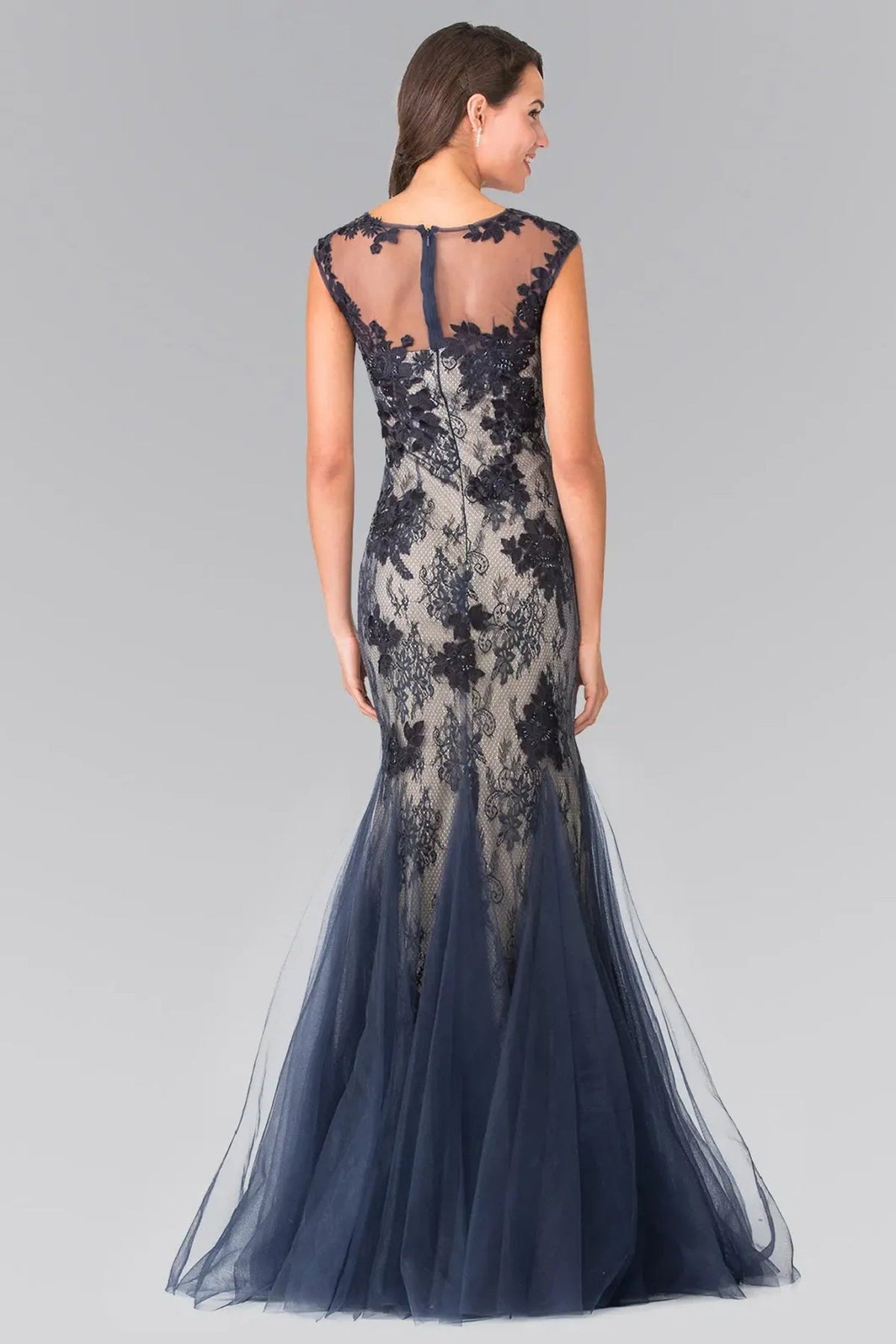 Navy beading embroidery floral formal dress back bodice detail