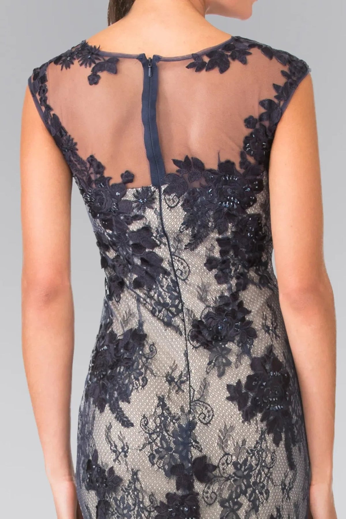 Navy beading embroidery floral formal dress skirt detail