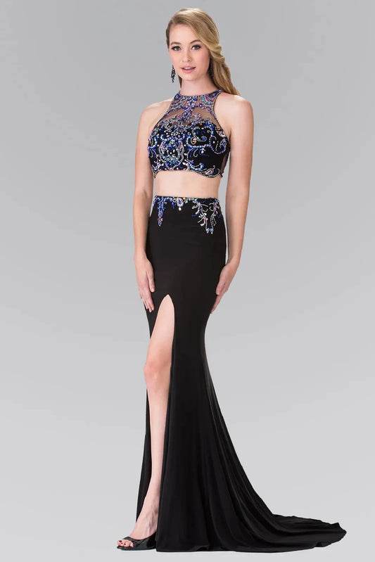Full-length front view shows sequin halter styling on the Black prom evening dress.