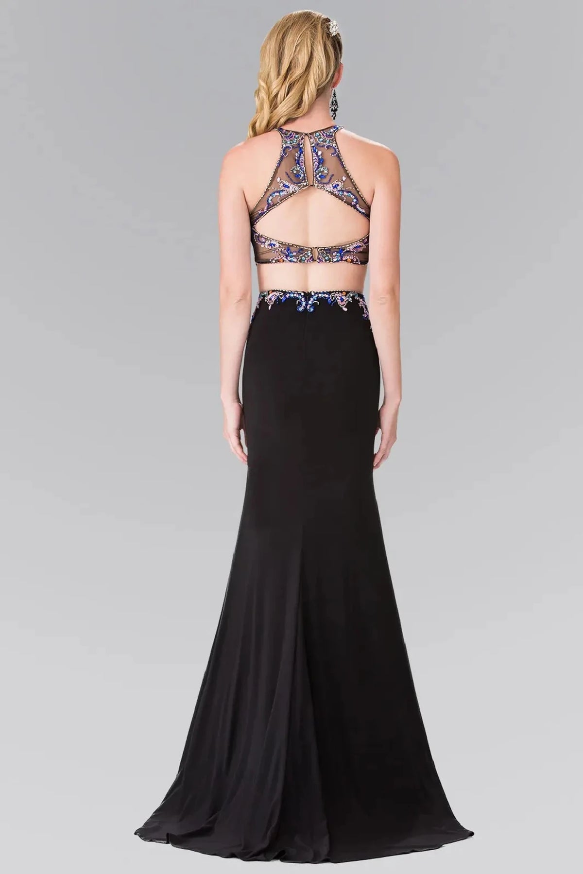 Rear view highlights the back detail of the Black prom evening dress.