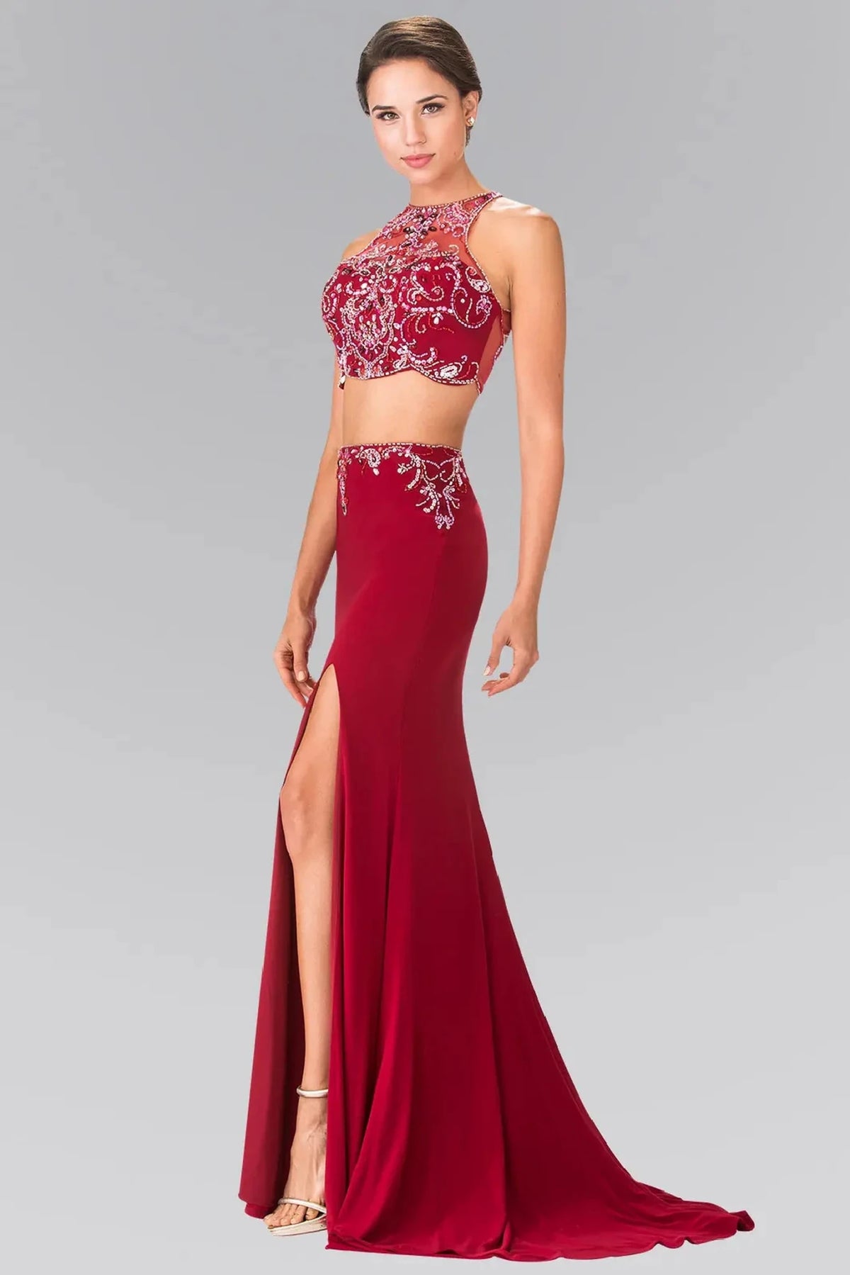 Burgundy sequin halter prom evening dress full front