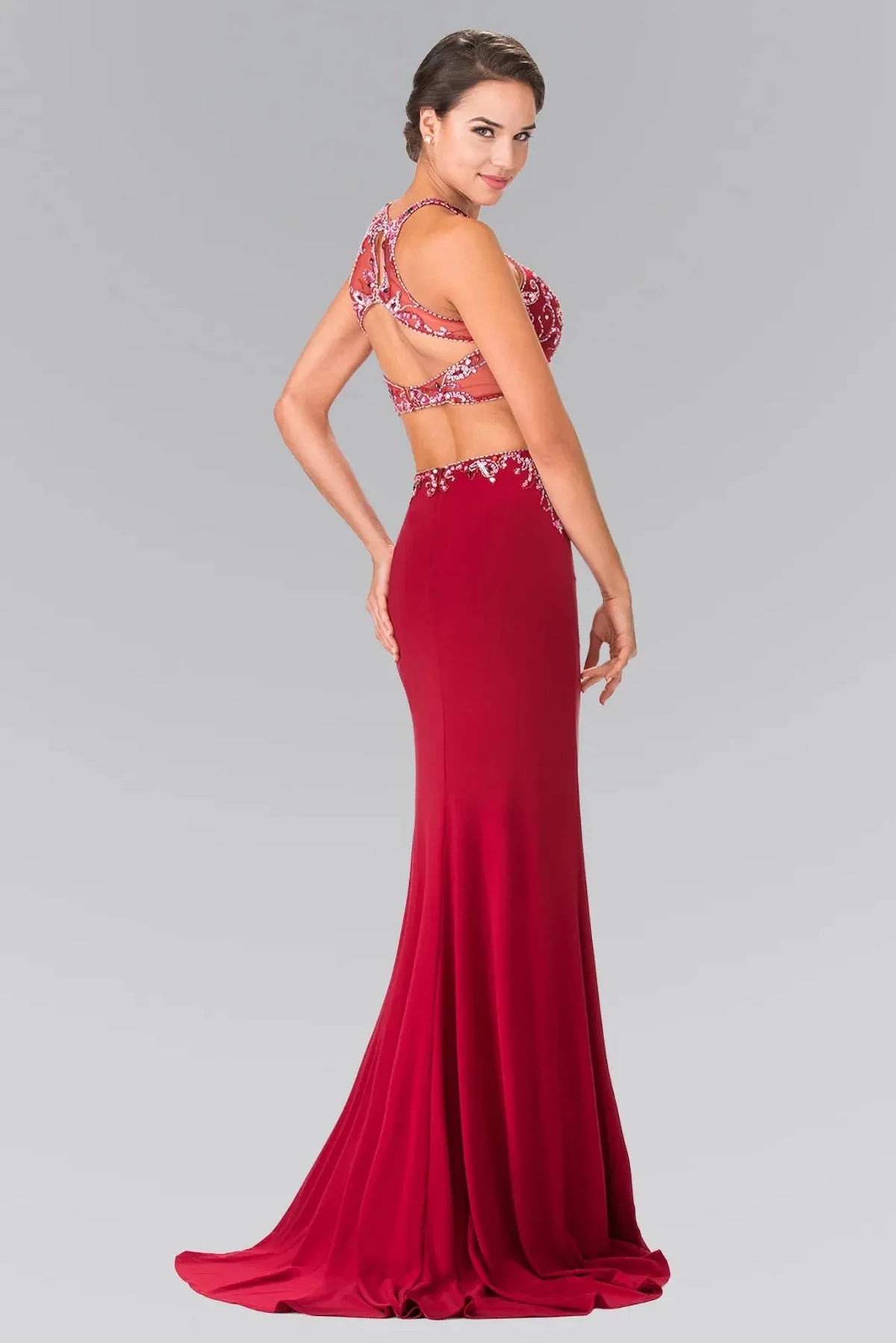 Burgundy prom evening dress full back with back detail