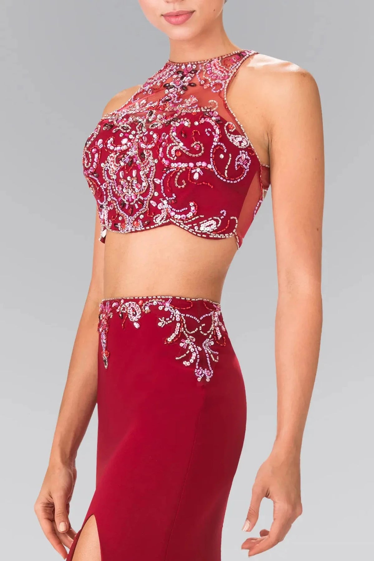 Burgundy halter prom evening dress upper front with beads, sequin