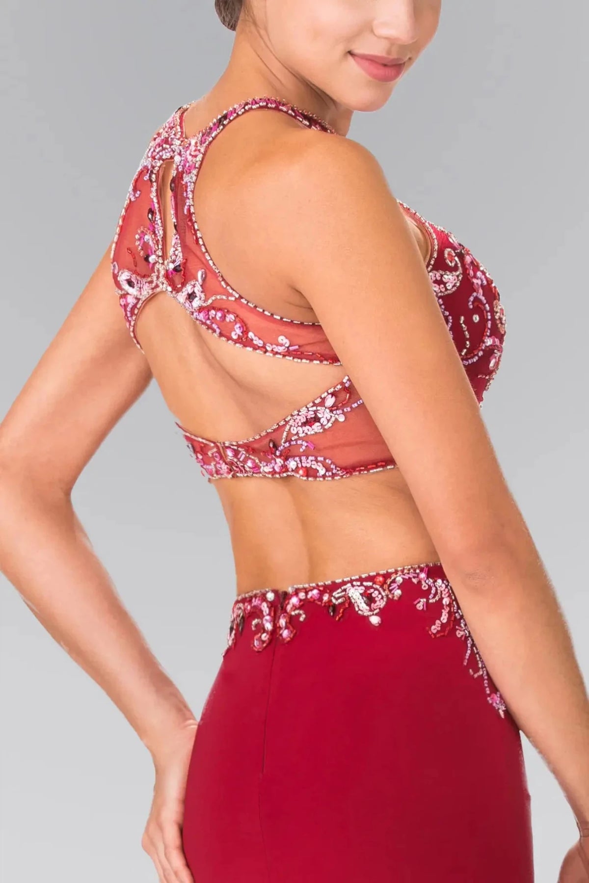 Burgundy prom evening dress mermaid skirt detail