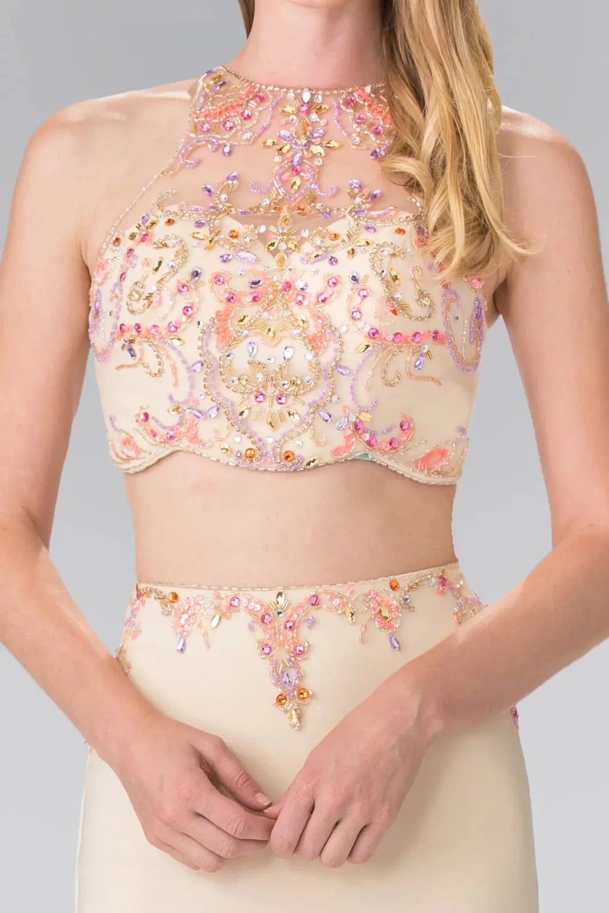Champagne halter prom evening dress upper front with beads, sequin