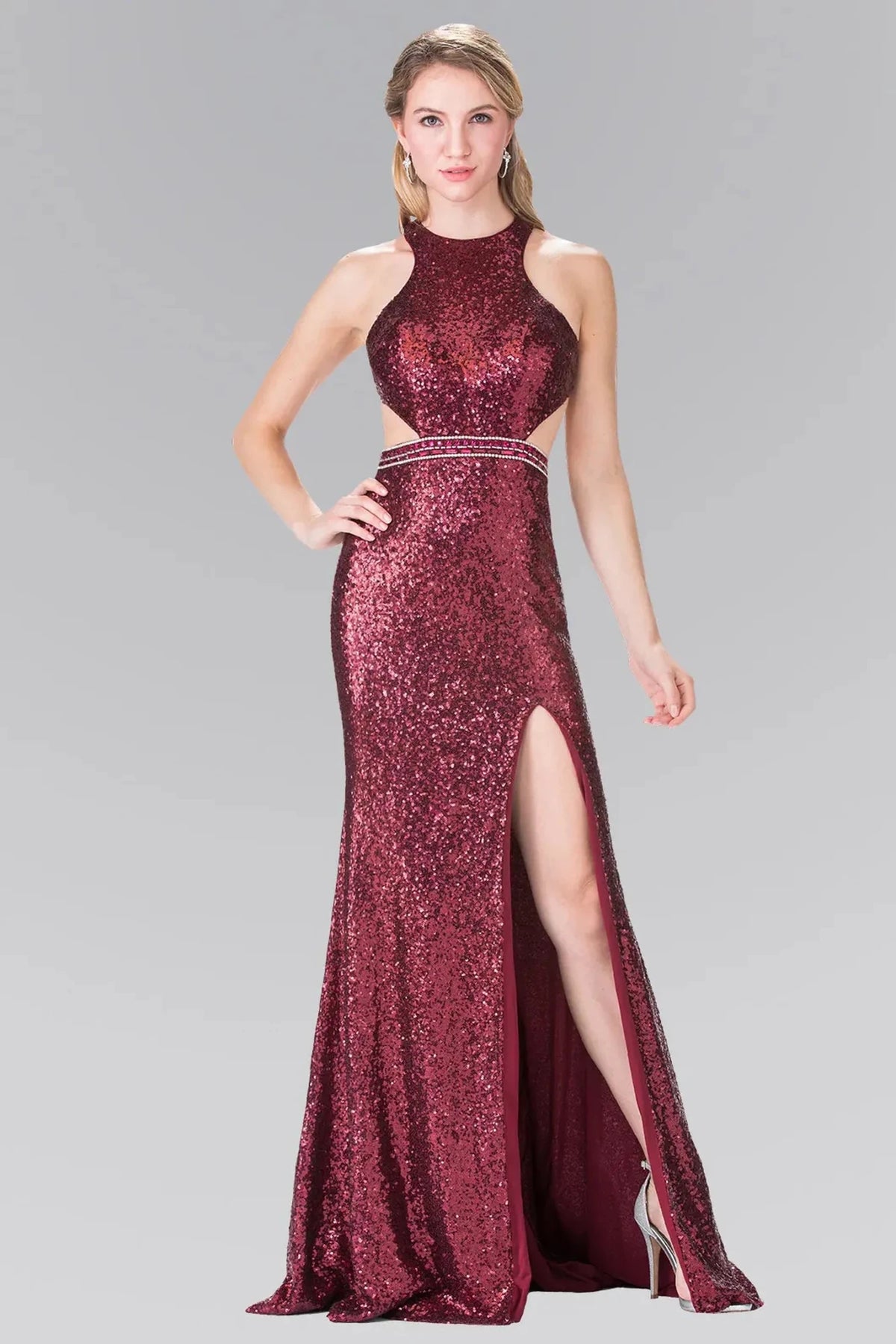 Burgundy sequin halter prom evening dress full front