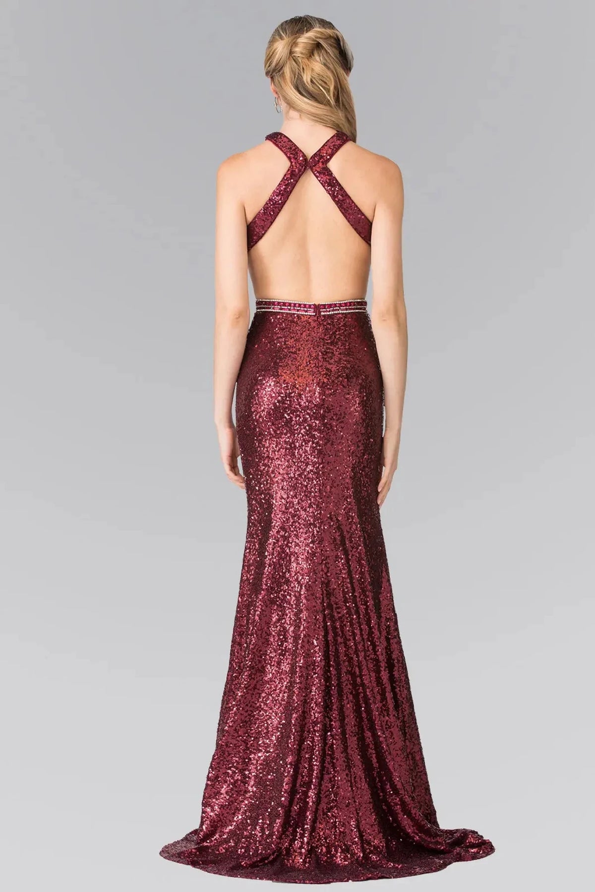 Burgundy prom evening dress full back with open back