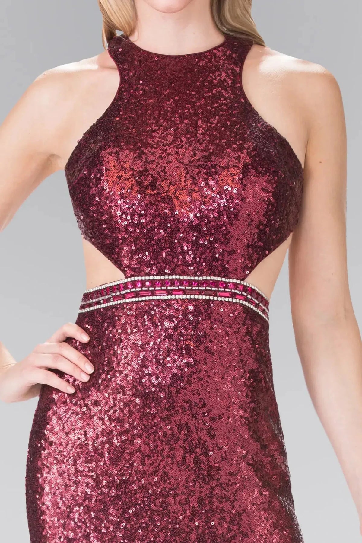 Burgundy halter prom evening dress upper front with beads, jewel, sequin