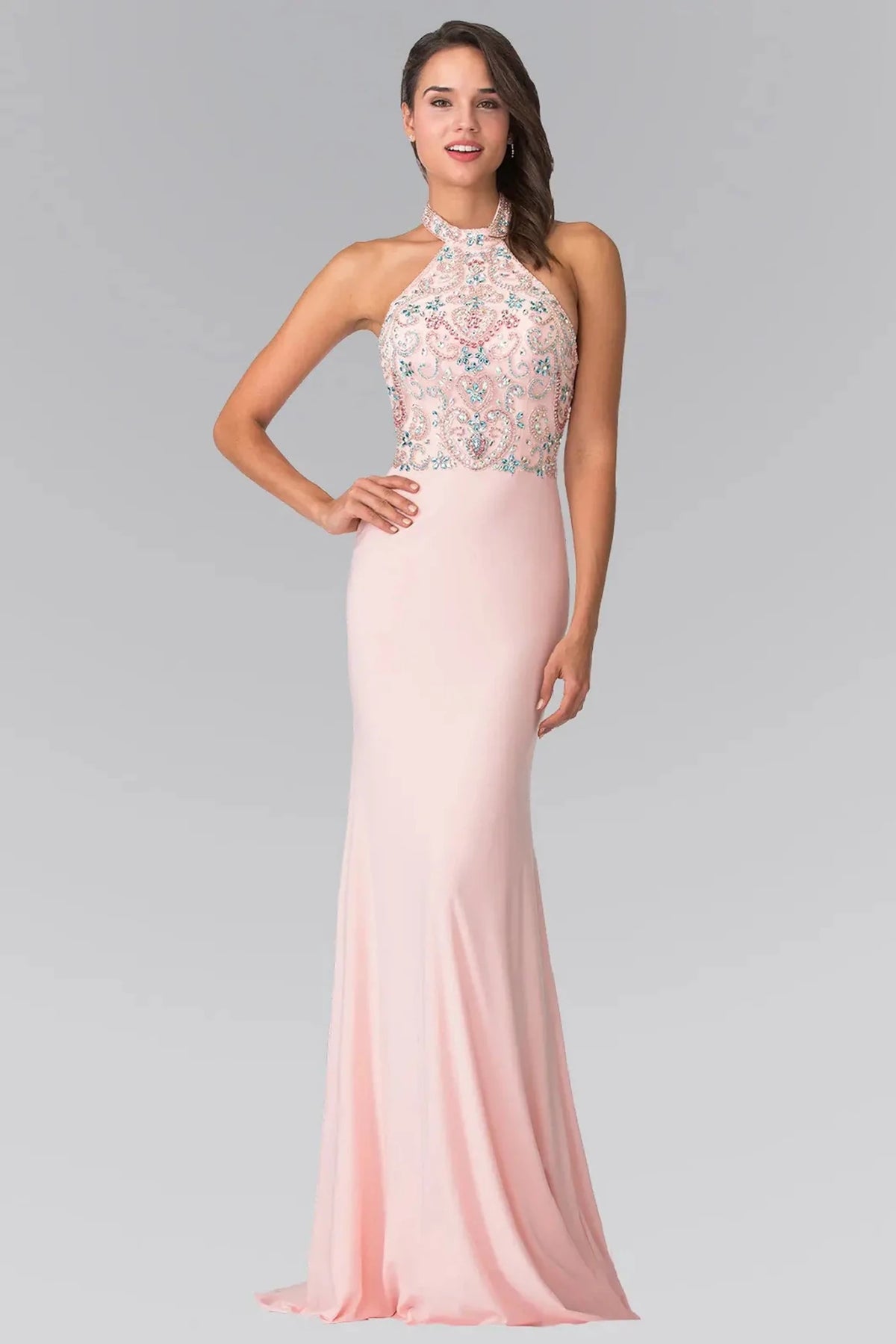 Blush sequin halter prom evening dress full front