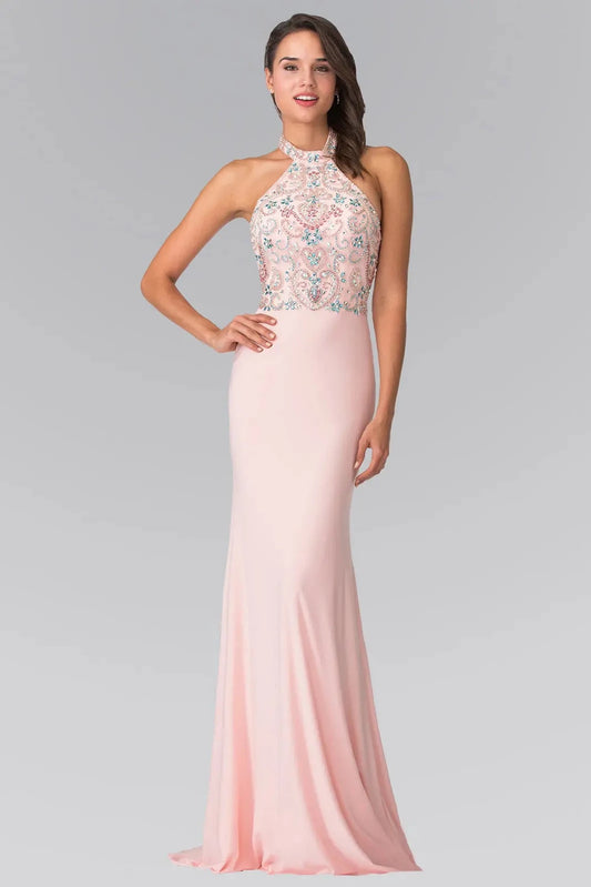 Full-length front view shows sequin halter styling on the Blush prom evening dress.
