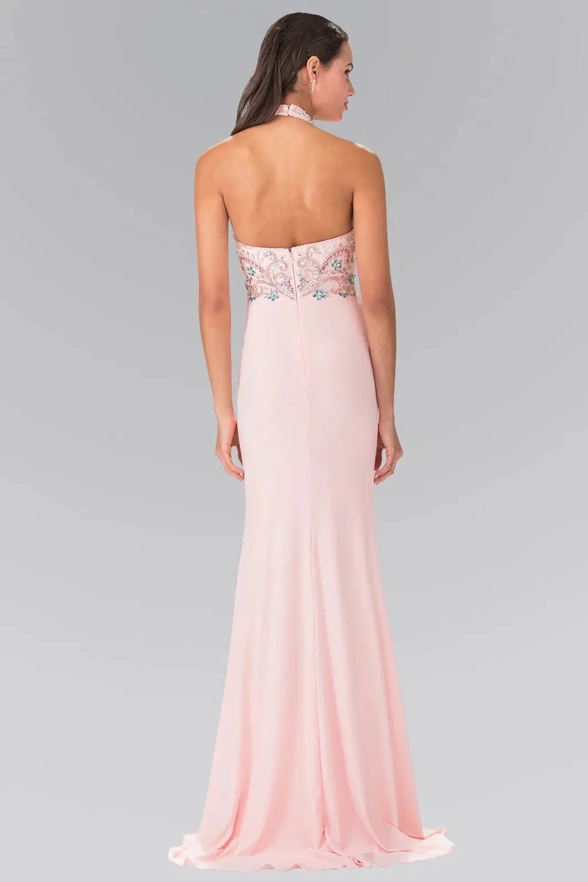 Blush prom evening dress full back with open back