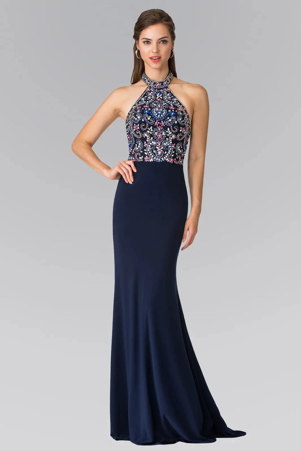 Navy sequin halter prom evening dress full front
