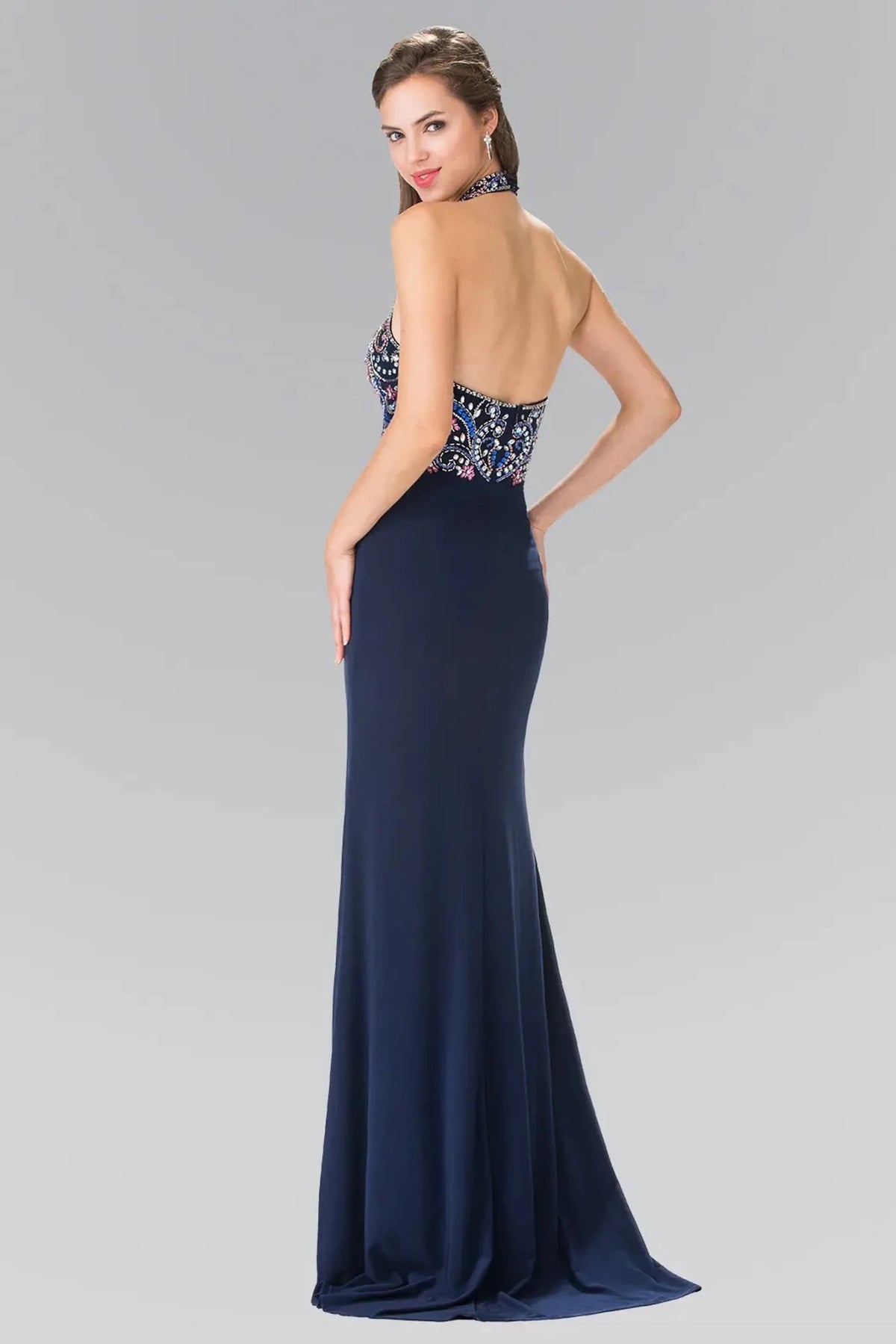 Navy prom evening dress full back with open back