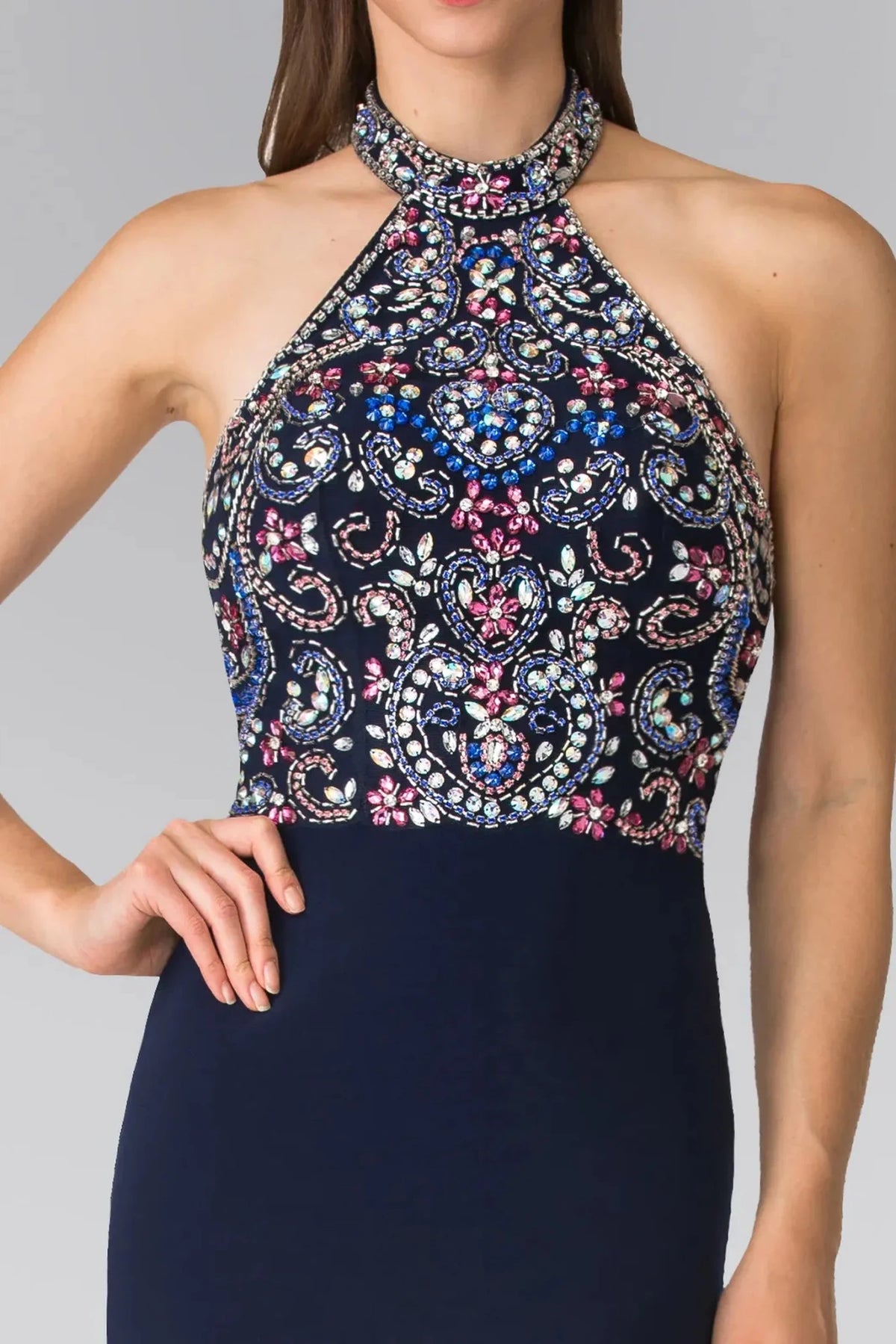 Navy halter prom evening dress upper front with beads, sequin