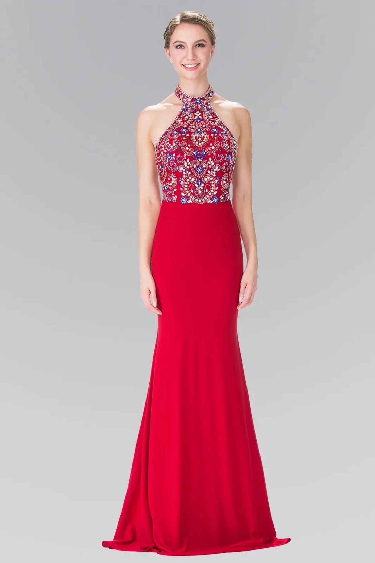 Red sequin halter prom evening dress full front