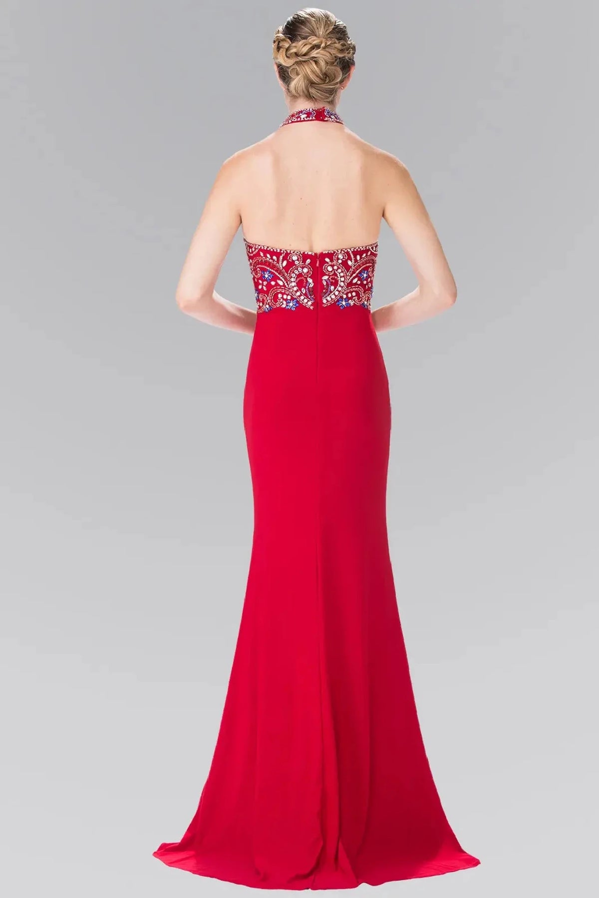 Red prom evening dress full back with open back