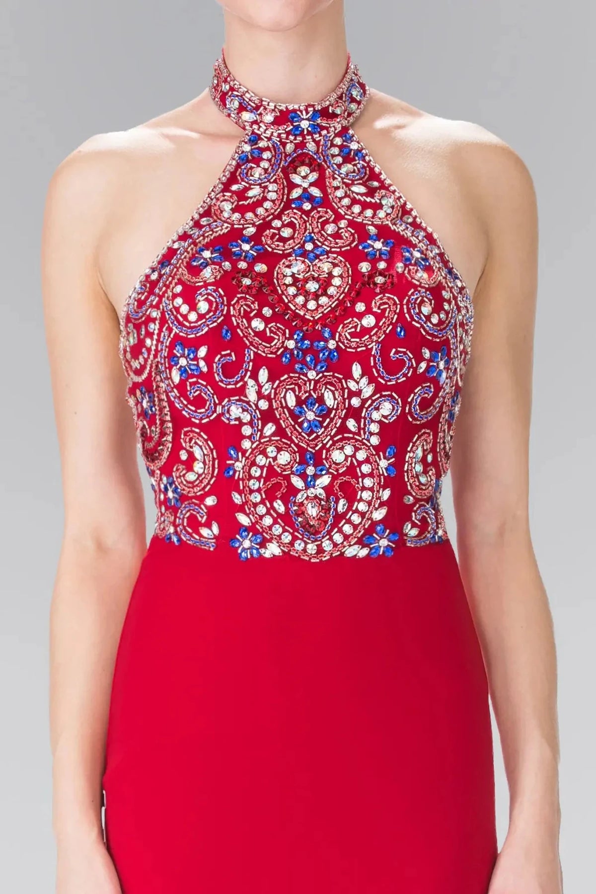 Red halter prom evening dress upper front with beads, sequin