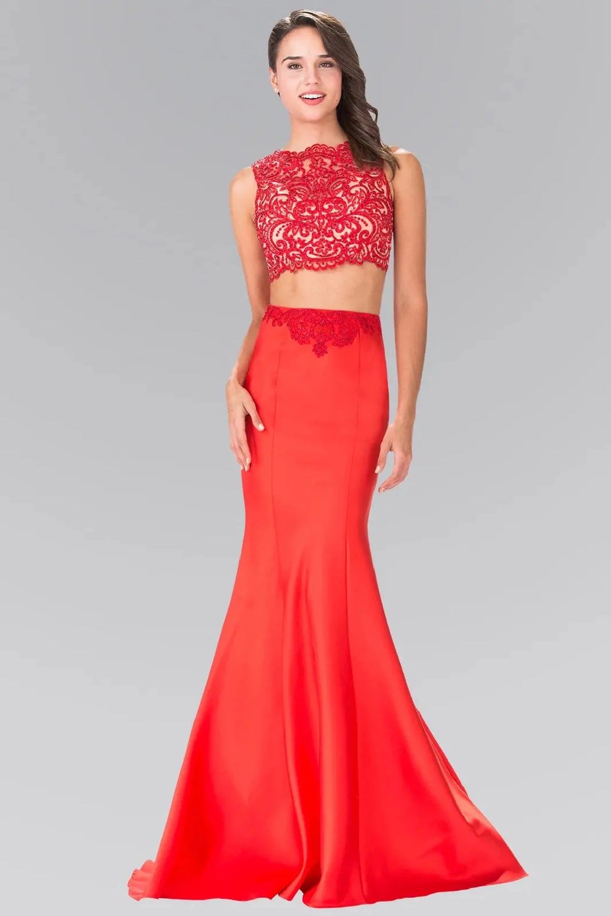 Red beaded prom evening dress full front