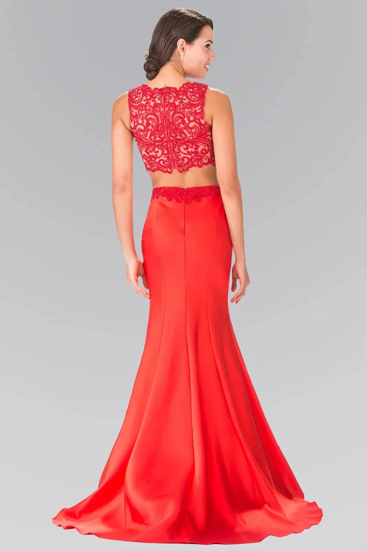 Red prom evening dress full back with sheer back