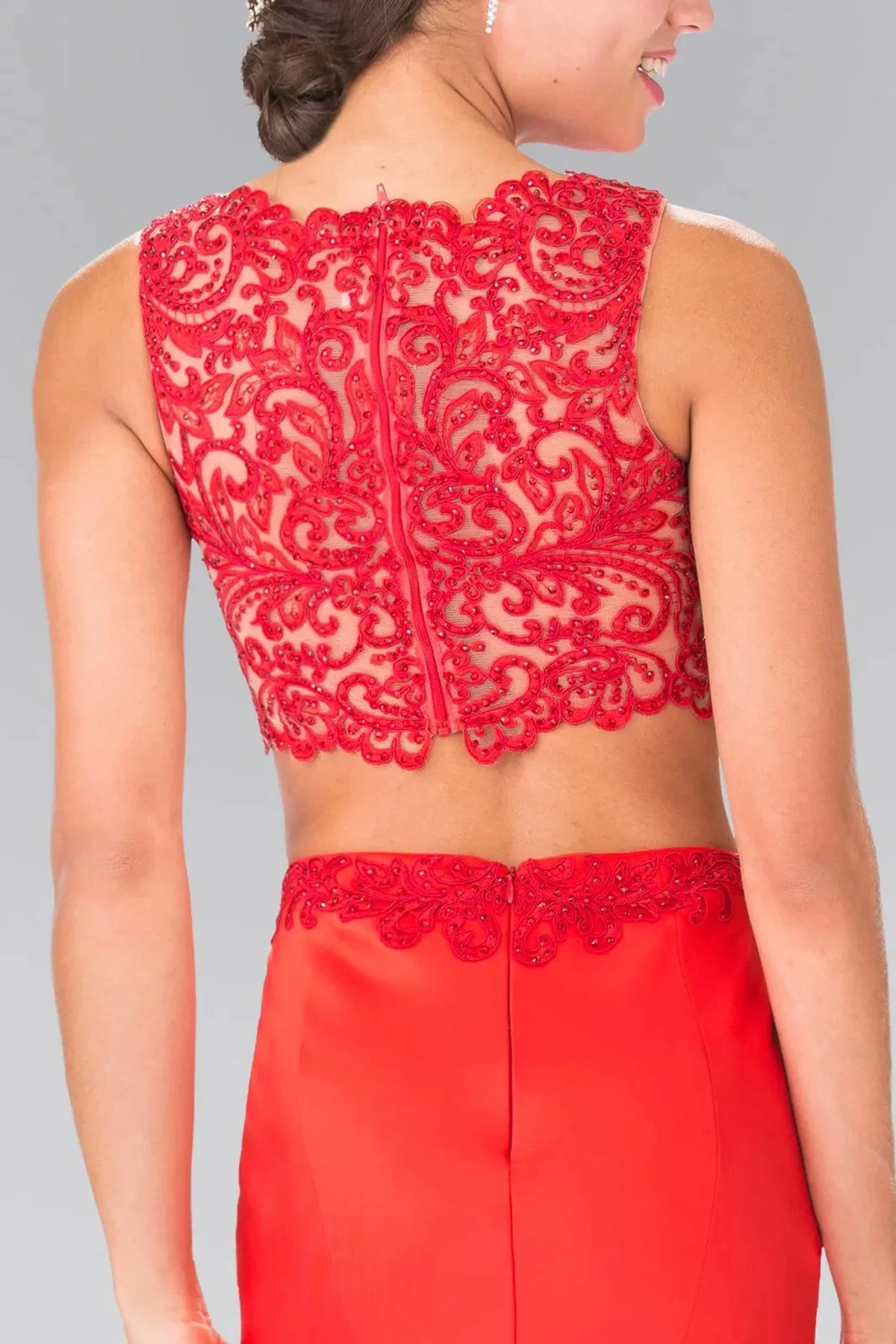 Red prom evening dress two-piece skirt detail