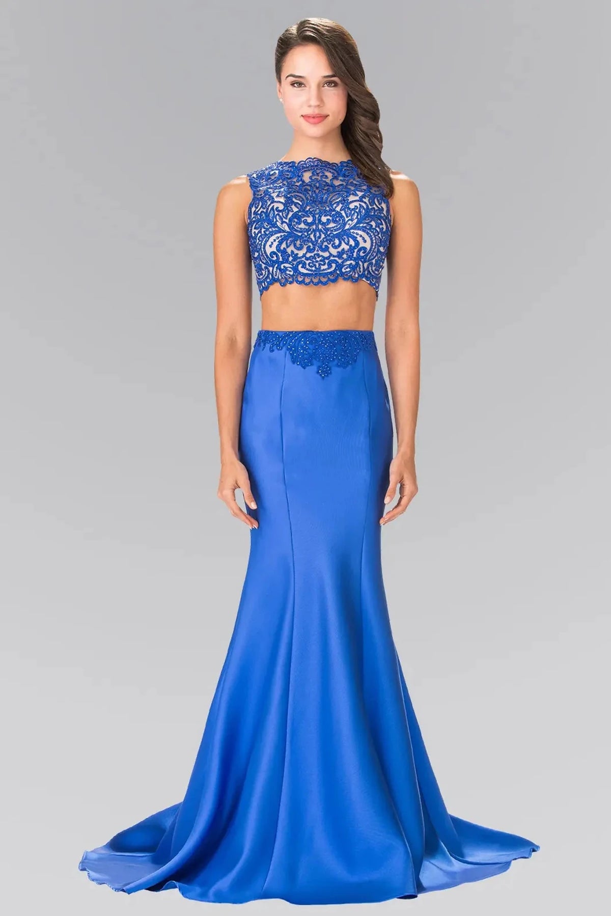 Royal Blue beaded prom evening dress full front